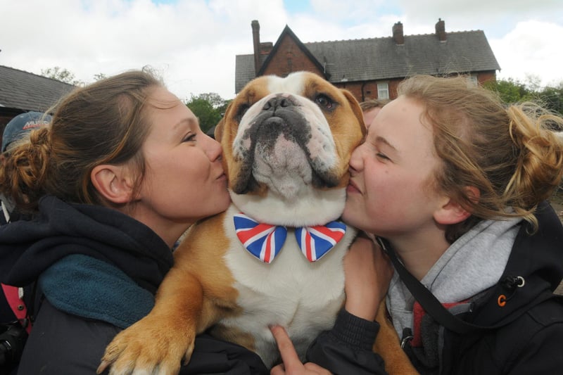 Jo Muller and Paige Bell with dog Winston during the visit of the Queen to Lancaster and Bilsborrow in 2015.