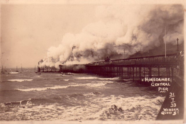 Morecambe's Central Pier's 'Taj Mahal' Pavilion wasdestroyed by fire on July 31, 1933 (the pier was eventually demolished in 1992) from Lancashire’s Seaside Piers by Martin Easdown.