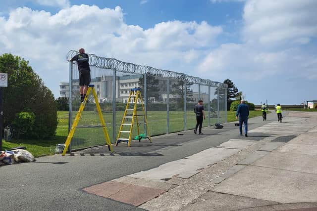 Fencing was erected near The Midland hotel for the filming of Prime Video series Lazarus. Picture by Terry Tyson.