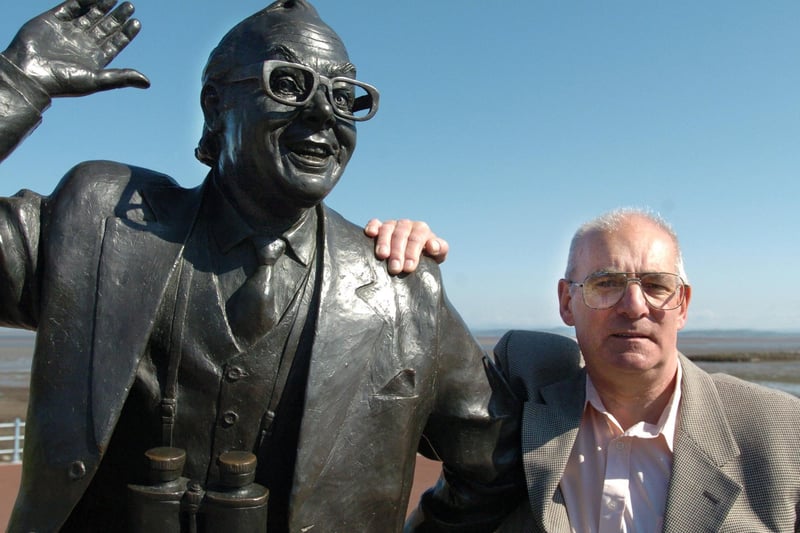 Morecambe resident and former chauffeur to Eric Morecambe, Mike Fountain, next to the Eric Morecambe statue. Mike passed away last year.