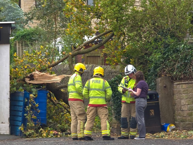Firemen at the scene where Storm Boelo brought down a tree where Quarry Road meets Dumbarton Road (next to the Premier Shop) in Lancaster. Photo: Josh Brandwood.