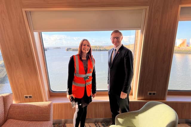 Alice Rice, Isle of Man Steam Packet and David Morris MP on the new Manxman ferry.
