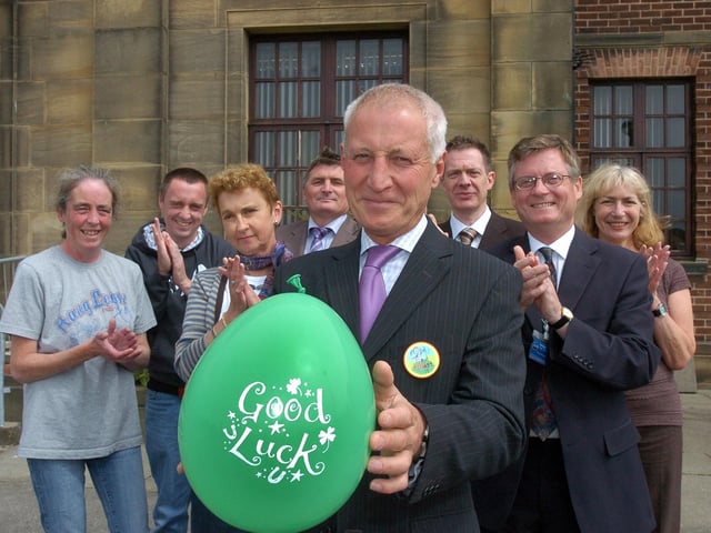 Morecambe High School's deputy headteacher John Worth (front) was given a warm send off by past and present colleagues, including headteacher John McNaughton (right) and former pupils on his retirement after 37 years at the school.