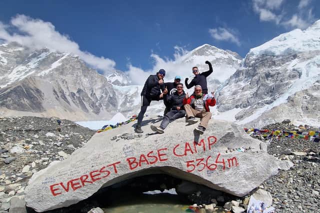 Christopher 'Bru' Wood, Ben Yates, David Simpson, Jason O'Mara and Kristopher Bishop at Everest base camp.