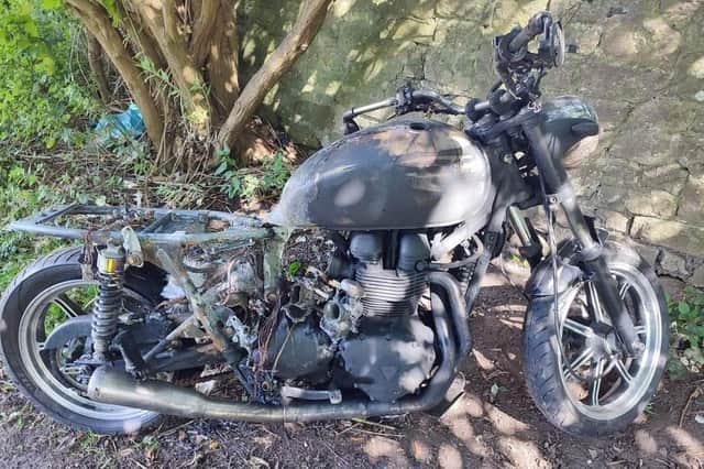 The Triumph motorbike stolen from Freehold in Lancaster was later found torched near the canal.