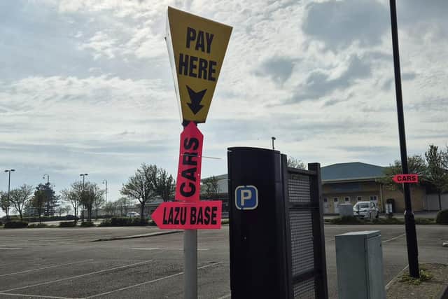 Pink signs were put up at the Winter Gardens car park saying 'Lazu Base, Cars' for the crews in Morecambe for filming. Picture by Moira MacDiarmid.