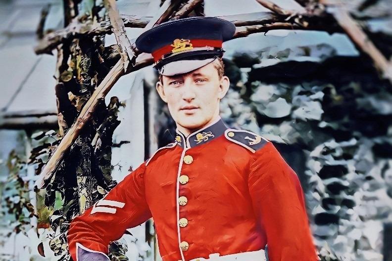 Frank in the full dress of a territorial 1913 from an original glass slide. The photo is on a plate glass negative and was later colourised in 2021 as part of the centenary commemorations of the Ellel war memorial. Photo: Shaun Corkerry
