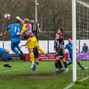 Goalmouth action from Lancaster City's game against Stafford Rangers (photo: Phil Dawson)