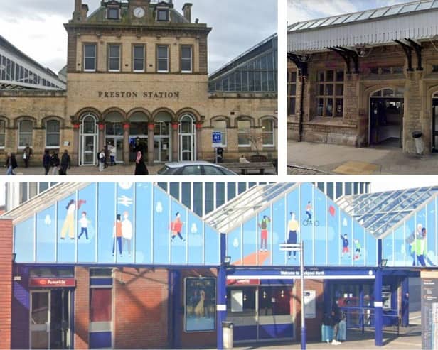 Top left: Preston Railway Station. Top right: Lancaster Railway Station. Bottom: Blackpool North Railway Station.