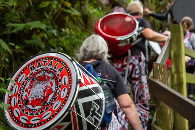 Carrying drums up Ingleton waterfalls in 2019.