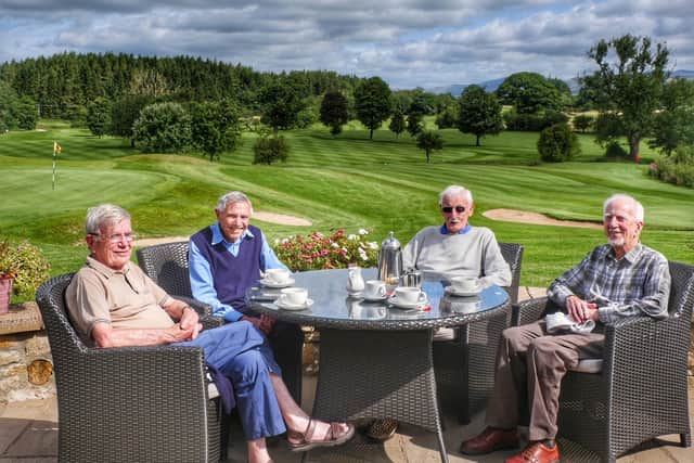 The foursome enjoying refreshments on the clubhouse terrace, (from left) Bob McKeith, Phil Castle, Geoff Hall and Pat Hanson.