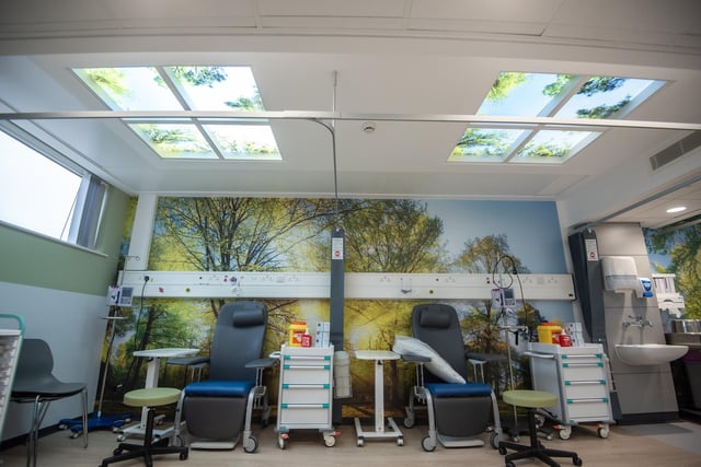 The walls and ceiling lights have images of trees and the sky in the new Oncology and Haematology Unit at Royal Lancaster Infirmary.
