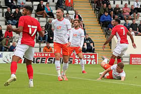 Wes McDonald scores when Morecambe met Blackpool during pre-season in 2021 Picture: Michael Williamson
