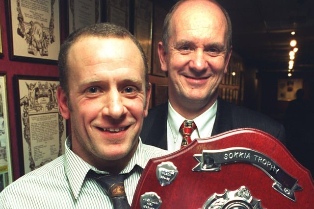 Principal of Lancaster And Morecambe College David Roddam (right) with William Horn who picked up the star prize, The Sokkia Trophy, at a college Construction Industry Prize Award Evening.