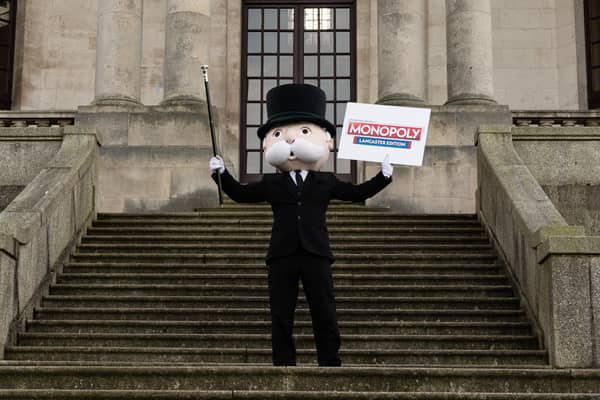 Mr Monopoly at the launch event of Lancaster's edition of Monopoly on the steps of Ashton Memorial in Williamson Park. Photo: Kelvin Stuttard