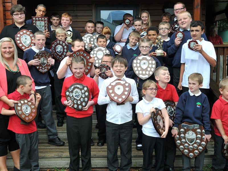 Proud pupils pose with their trophies at the annual awards day at Morecambe Road School in Morecambe in 2015.