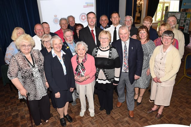 Clive Grunshaw and Ch Supt Stuart Noble are pictured with volunteers at a 'thank you' celebration event at the Crofters Hotel, Garstang, in June 2015