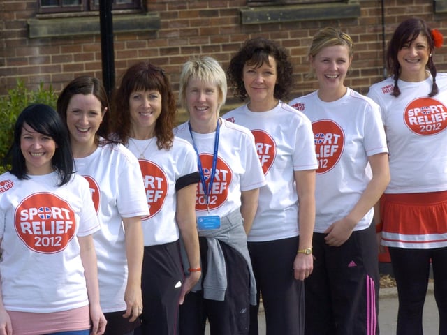 Staff from Morecambe High School who took part in a mass egg and spoon race, piggy back and three legged race world record attempt on Sport Relief Day.