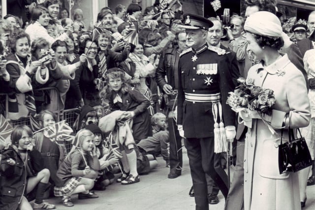 The Queen and Lord Lieutenant visiting Lancaster to mark her 1977 Jubilee year.