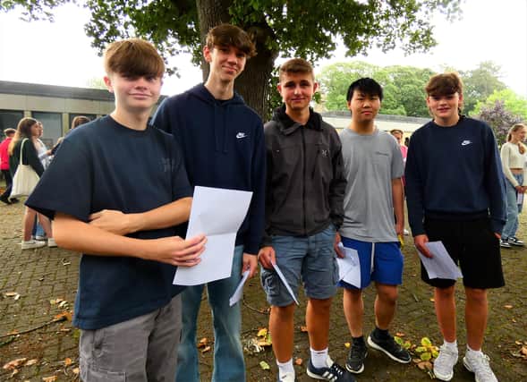 This happy bunch of lads, from left, Jake, Jake, Joe, Yi Xu and Ciaran, are all pleased to have achieved the grades for their places at Ripley Sixth Form.