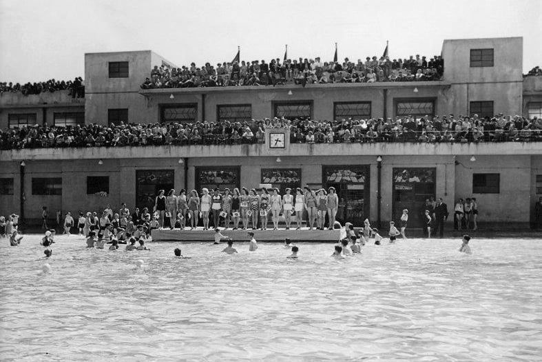 One of the heats of the beauty contests which were a regular attraction at the swimming baths.
