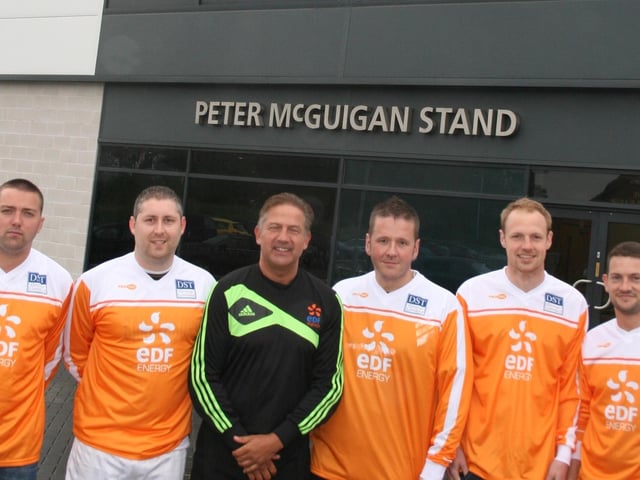 Members of Heysham Power Stations' football team who were taking on the Soap Stars at The Globe.