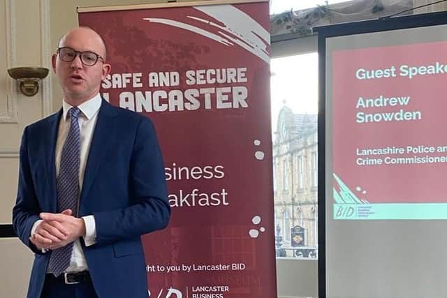 Andrew Snowden, Lancashire police and crime commissioner, speaking at the Lancaster BID breakfast meeting.