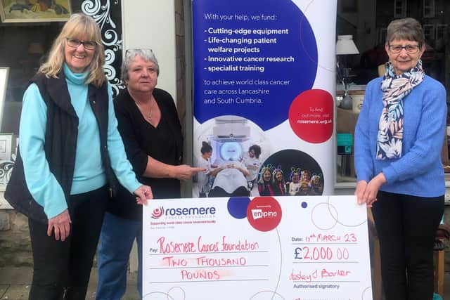 Putting Rosemere Cancer Centre and its radiotherapy patients at the hub of The Bentham Hub are, from left, Lesley Barker, volunteer Jane Preston and Anne Duncan, who nominated the charity for the hub’s monthly £2,000 award.