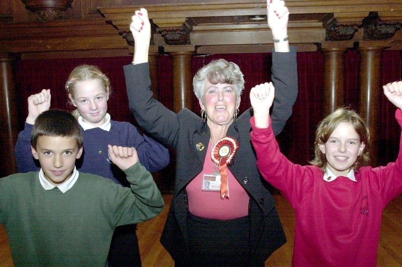 Coun Sheila Denwood celebrates her success in the Pupil Power Event Elections at Lancaster Town Hall with, from left, John Wiener from Overton St Helen's school, Jodie Griffiths from West End, Morecambe and Hannah Davis from St Luke's, Skerton.