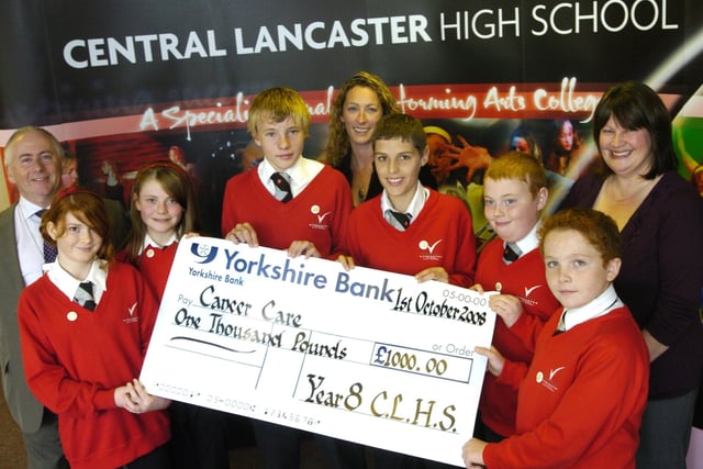 Pupils from Central Lancaster High school present a cheque for £1000 to CancerCare fundraisers Angie Kay and Nicki Hearne.