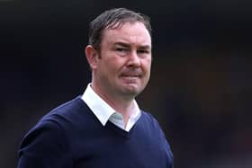 BRADFORD, ENGLAND - SEPTEMBER 04: Derek Adams Manager of Bradford City looks on prior to the Sky Bet League Two match between Bradford City and Walsall at Utilita Energy Stadium on September 04, 2021 in Bradford, England. (Photo by George Wood/Getty Images)