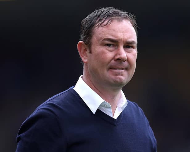 BRADFORD, ENGLAND - SEPTEMBER 04: Derek Adams Manager of Bradford City looks on prior to the Sky Bet League Two match between Bradford City and Walsall at Utilita Energy Stadium on September 04, 2021 in Bradford, England. (Photo by George Wood/Getty Images)
