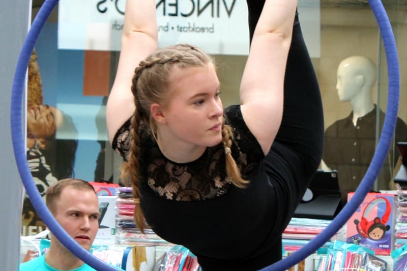 Aerial gymnastics display were staged in Marketgate Shopping Centre.