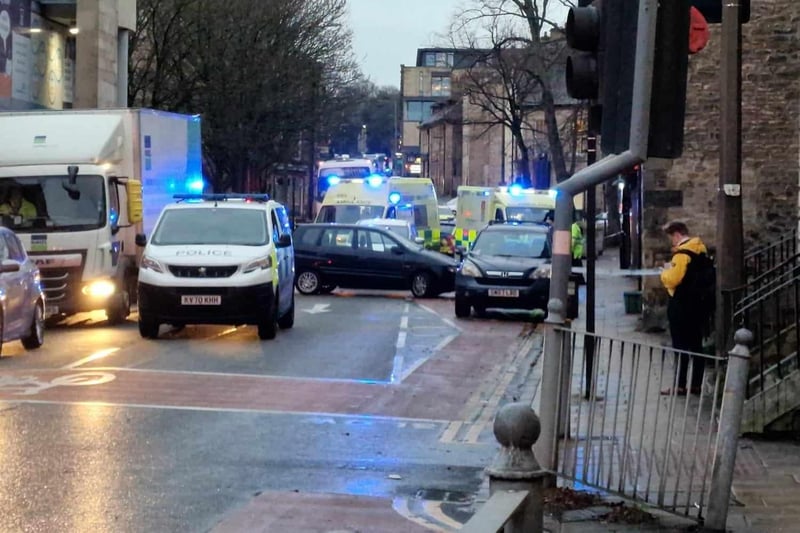 Emergency services at the scene of an accident on King Street in Lancaster this morning.