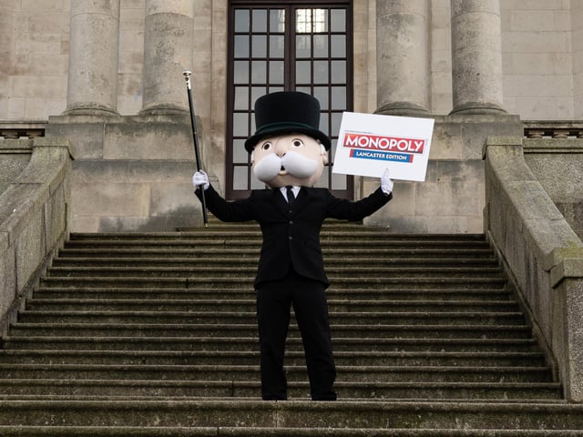 Mr Monopoly visited Lancaster for the launch event of Lancaster's edition of Monopoly.