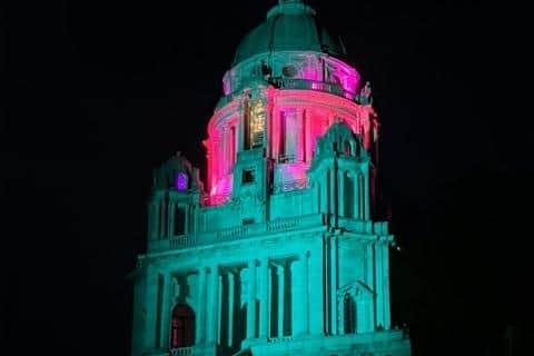 The Ashton Memorial lit up for Secondary Breast Cancer Awareness Day on Thursday.