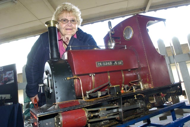 Age of Steam at Carnforth Train Station. Deirdre Jean Wilson with the 'Deirdre Jean' model engine which was made by her husband Ken who is a member of the Lancaster and Morecambe Model Engineering Society (2009).