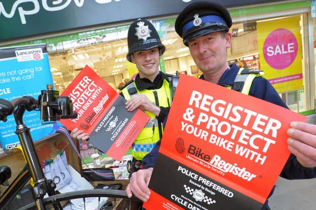 PCSO Martin Miller and Special Constable James Evans promoting "Bike Register" in St Nicholas Arcades.