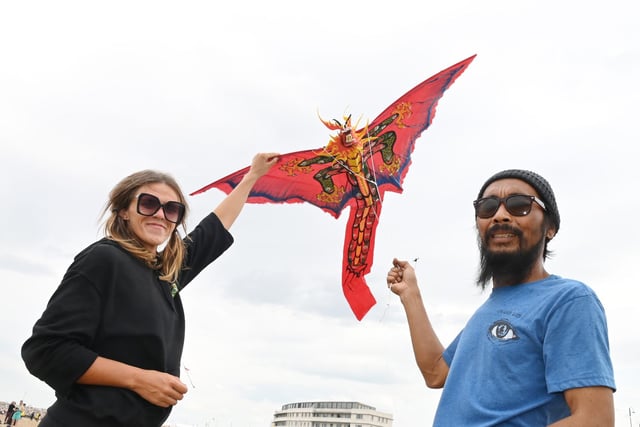 Jodie Kimber and husband Jesna with their handmade kite from Bali at the Catch the Wind kite festival in Morecambe. Picture by Michelle Adamson.