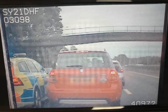 Police arrested the driver of this car after reports of the vehicle nearly hitting the central barrier of the M6 at Lancaster. Picture from Lancs Road Police.