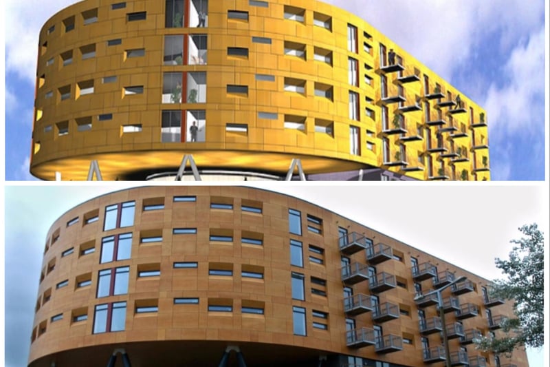 How does the finished apartment block compare to the artist's impression?
