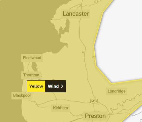 The yellow weather warning covers Blackpool, Preston and Lancaster (Credit: Met Office)
