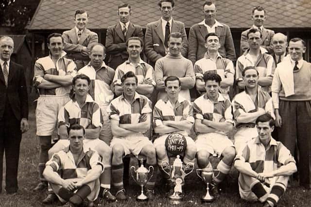 The Caton United team that were Champions of Division 1 and winners of the Parkinson Cup and Senior Challenge Cup. The photograph was taken on Jowett’s Field in 1948-49.