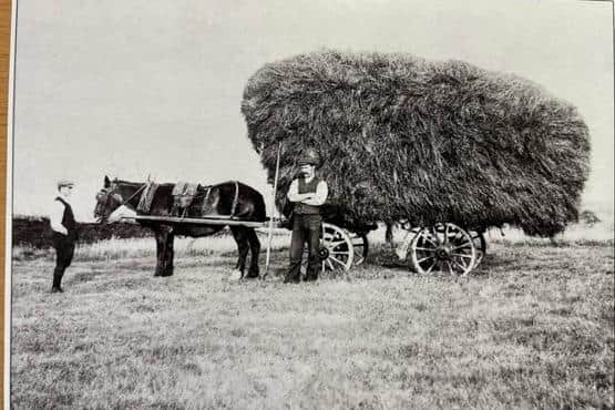 A well loaded four-wheeled cart of hay at Bellhurst Farm, Roeburndale East, c.1912. The farmer, John Gorst, is standing in front of the hay cart with his eldest son Harry. Picture courtesy of David Kenyon.