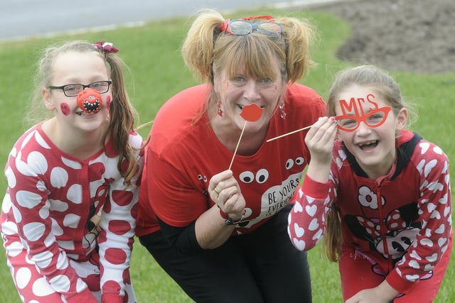 Red Nose Day at Charles Saer Primary School in Fleetwood. Pictured are Madison Knight and Ellis Stirzaker, with teacher Julie Cameron in 2015