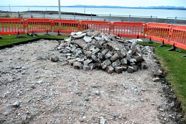 A pile of bricks is all that remains of the well-known Morecambe mosaic which has been removed from its current location for repairs. Picture by Josh Brandwood.