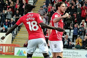 Oumar Niasse and Cole Stockton scored Morecambe's goals against Lincoln City Picture: Michael Williamson