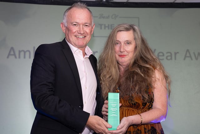 Prof Vanessa Toulmin receives the Ambassador of the Year Award from Wright and Lord Solicitors MD Stephen Wright.