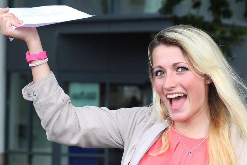 Bethany Isherwood with her A-level results at Ripley St Thomas Sixth Form, Lancaster, in August 2014.