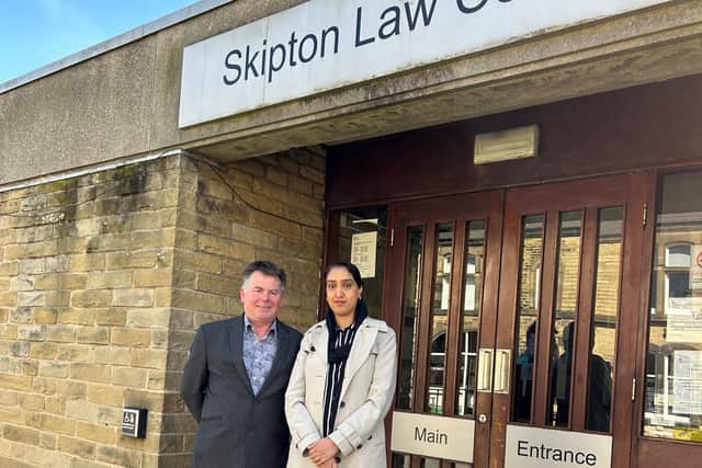 Former Morecambe Town Councillor, Roger Cleet, with Safia Kauser of Internal Audit Yorkshire outside Skipton Court.